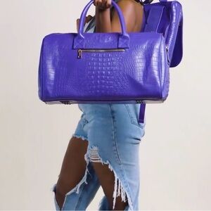 Purple Crocodile-Embossed Weekender Duffel w Luxury Cloth Storage bag.